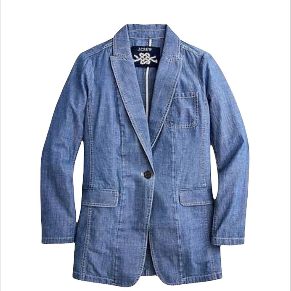 J. Crew Long Parker Blazer in Washed Chambray Blue Cotton Jacket Size 2 NWT